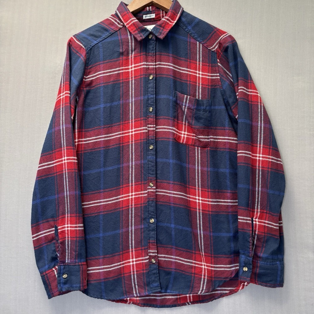 Hollister Shirt Womens Medium M Boyfriend Fit Plaid Red Navy Flannel Cozy Core